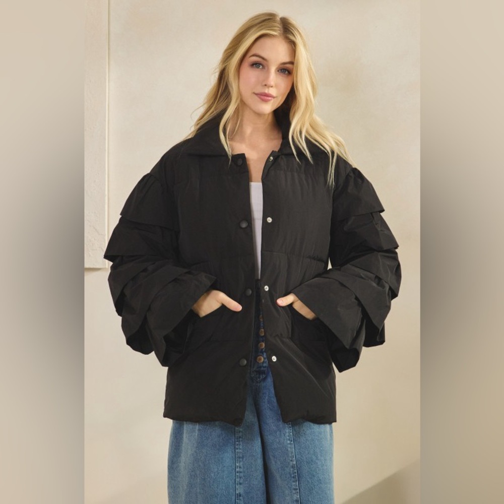 #136 Ruffle Puffer Jacket- Black